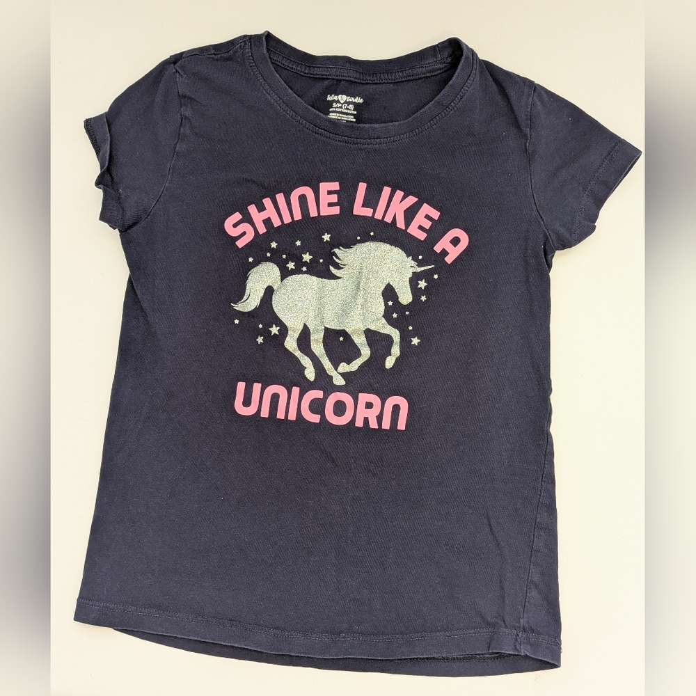 Girls' (Small/7-8) Navy Blue T-Shirt w/Glitter Unicorn "Shine Like a Unicorn"